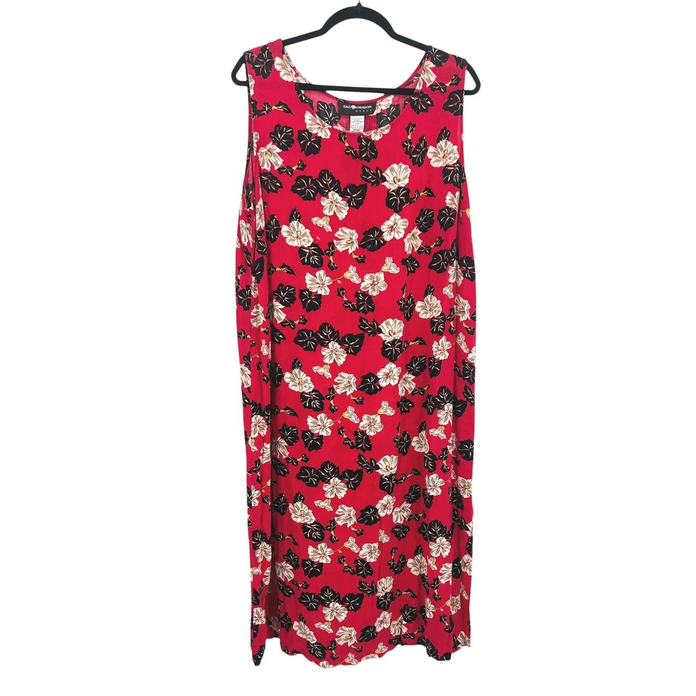 90s Tropical Floral Midi‎ Dress 2X Sleeveless Red Resort Beach Boho Vacation